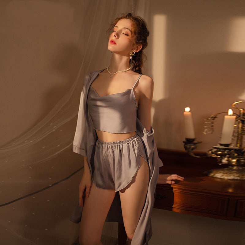 Sexy Split Pajama Set, Sexy Underwear, Sexy Suspender, Swing Neck Camisole with Slit Shorts Pajama Set, Women's Premium Loungewear Set, Free Shipping