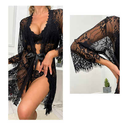 Patterned Lace Robe, Sexy Mesh Robe, Lace Temptation See-through Pajamas, Women's Loungewear, Can be worn outside