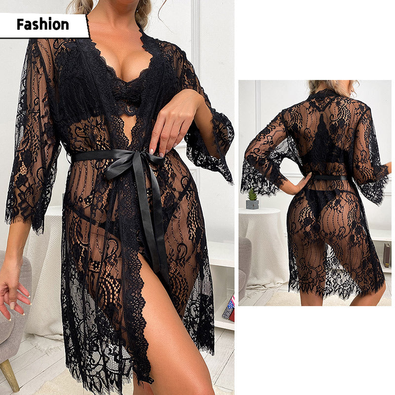 Patterned Lace Robe, Sexy Mesh Robe, Lace Temptation See-through Pajamas, Women's Loungewear, Can be worn outside