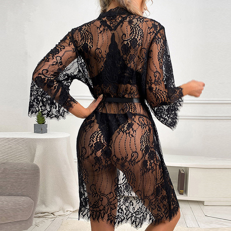 Patterned Lace Robe, Sexy Mesh Robe, Lace Temptation See-through Pajamas, Women's Loungewear, Can be worn outside