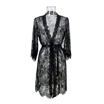 Patterned Lace Robe, Sexy Mesh Robe, Lace Temptation See-through Pajamas, Women's Loungewear, Can be worn outside