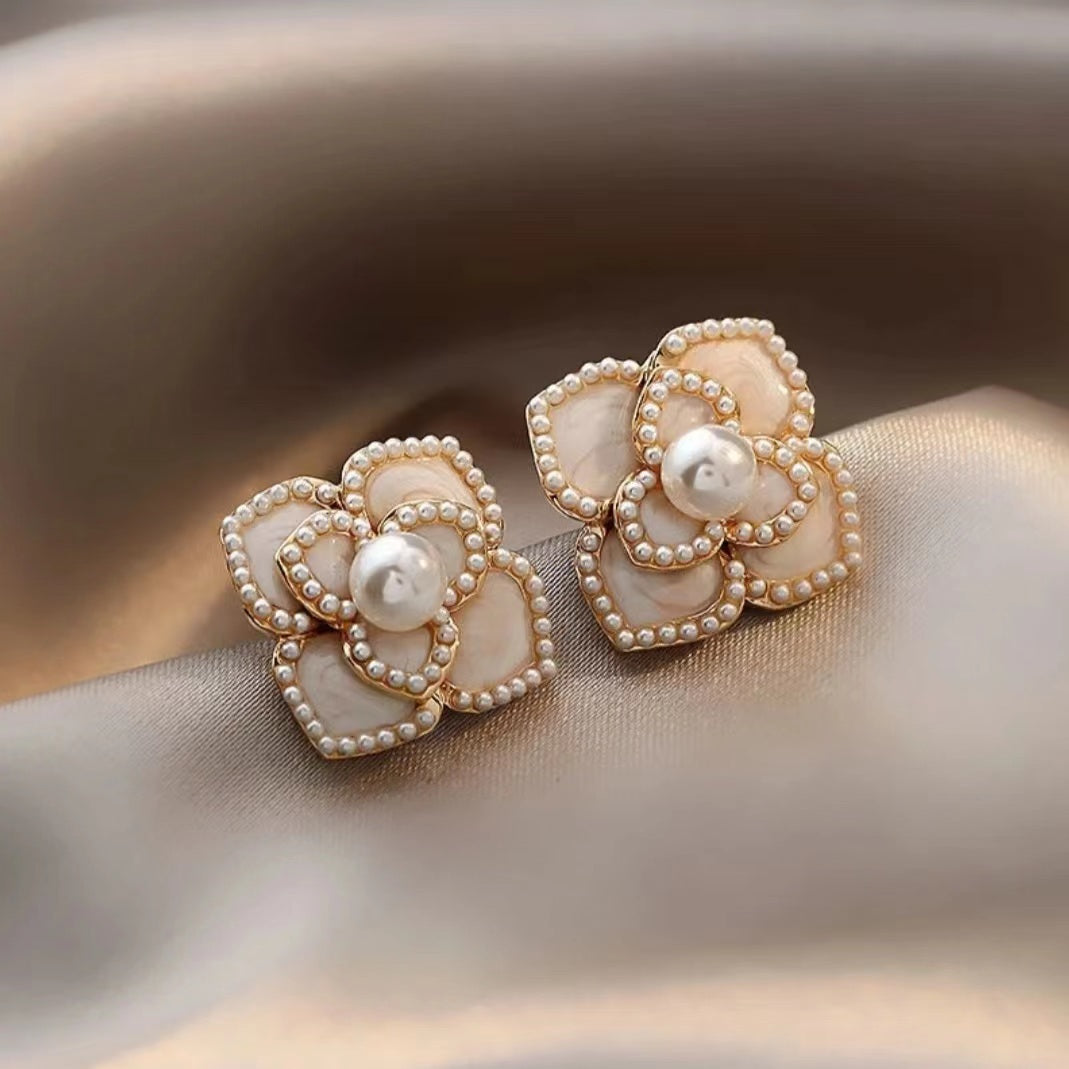 French Camellias Stud Earrings, Diamond Pearl Earrings, Vintage Earrings for women, Christmas Gift